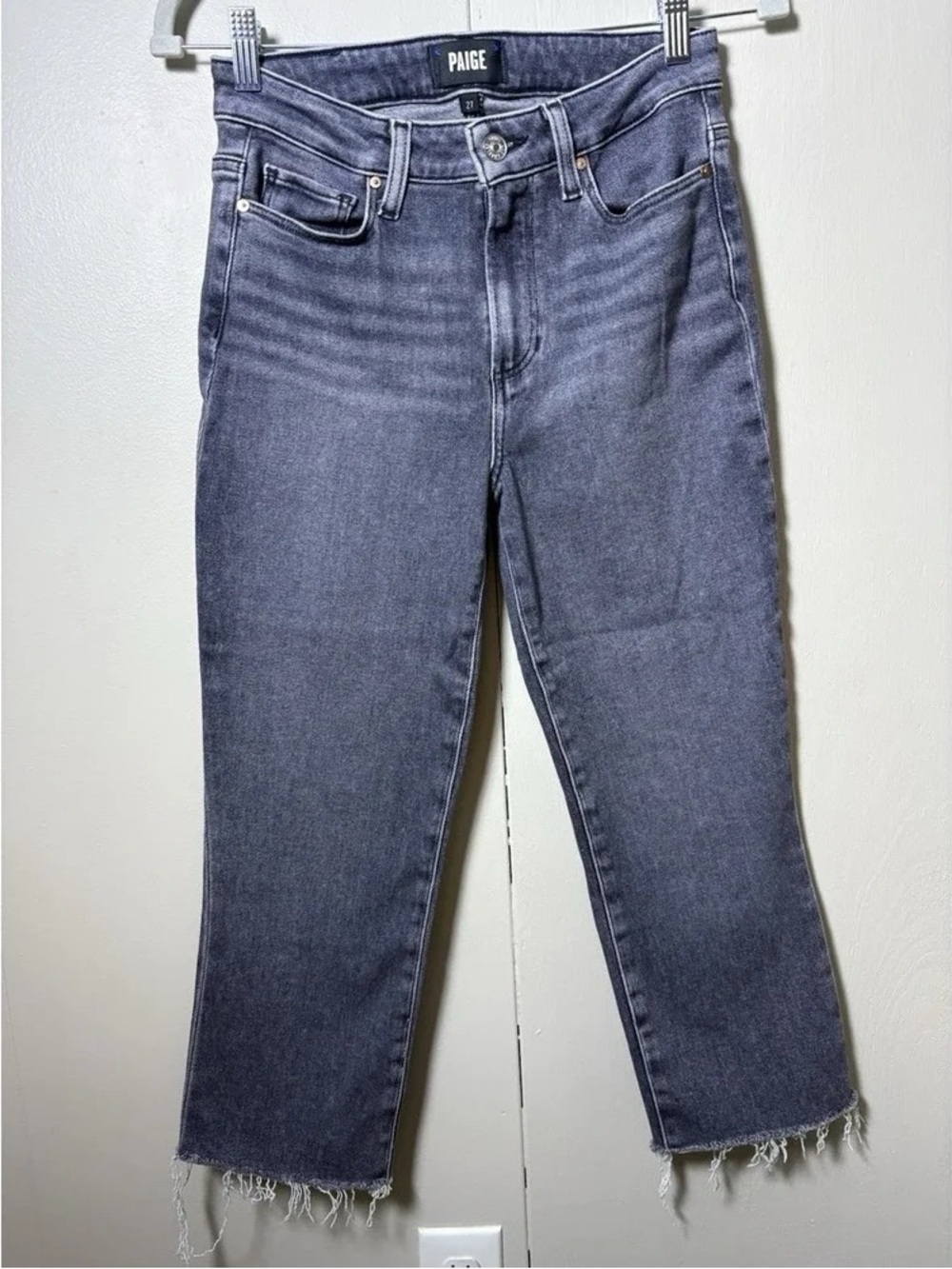 PAIGE Men's Washed Gray Slim Straight Jeans with Frayed Hem
